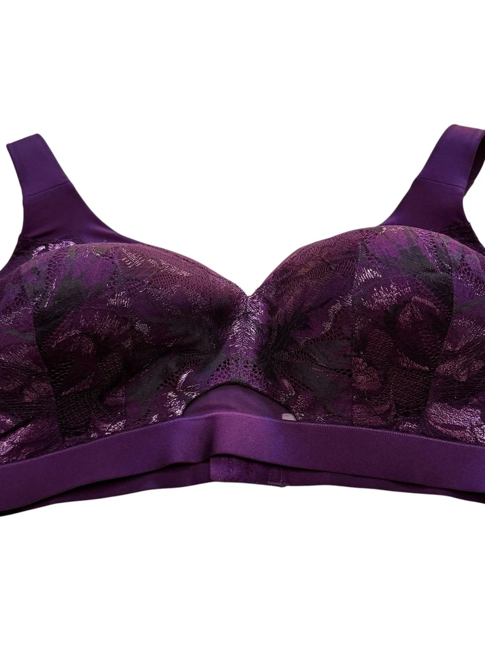 Cacique Purple Lace Wireless Comfort Bra 40DD Shimmer Floral Full Coverage EUC